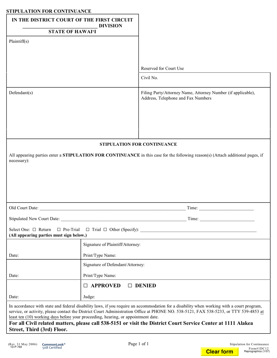 Form 1DC12 Stipulation for Continuance - Hawaii, Page 1