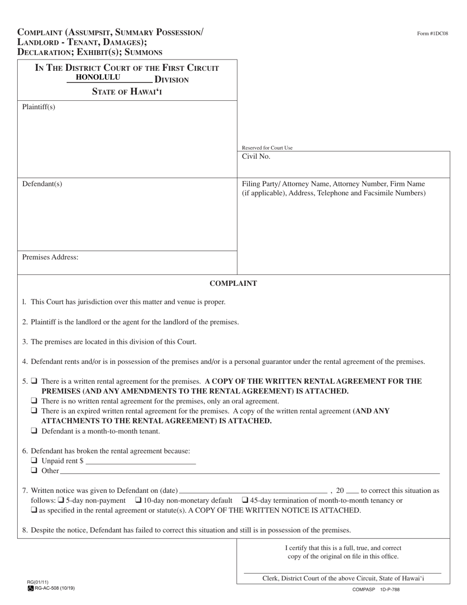 Form 1DC08 Complaint (Assumpsit, Summary Possession/Landlord-Tenant, Damages); Declaration; Exhibit(S); Summons - Hawaii, Page 1
