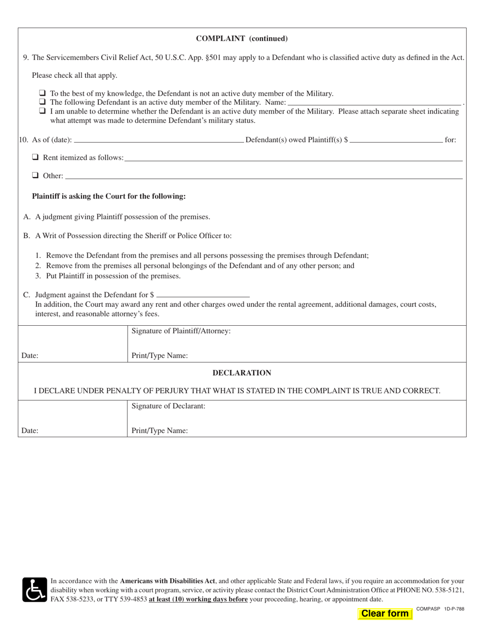 Form 1DC08 Complaint (Assumpsit, Summary Possession / Landlord-Tenant, Damages); Declaration; Exhibit(S); Summons - Hawaii, Page 2