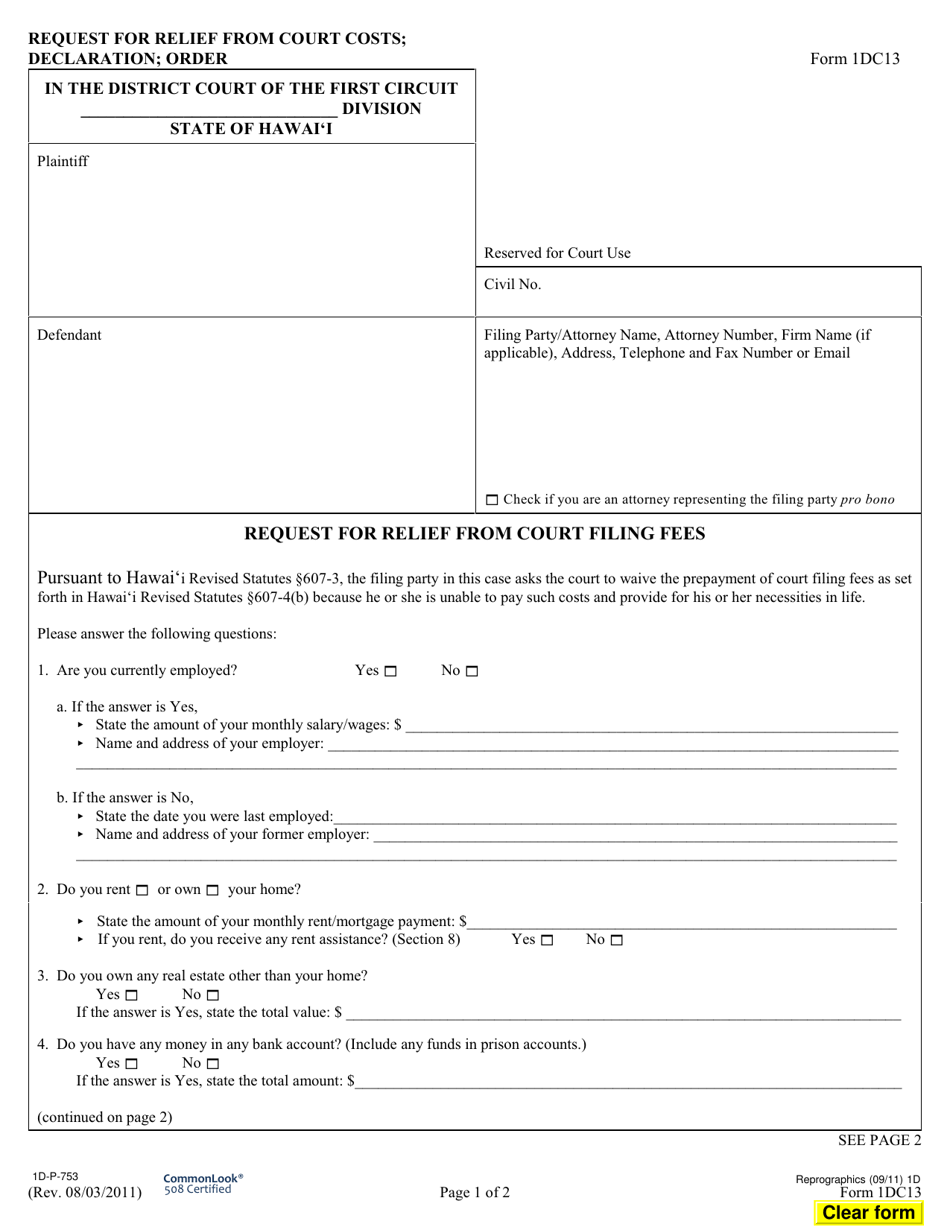 Form 1DC13 Request for Relief From Court Costs; Declaration; Order - Hawaii, Page 1
