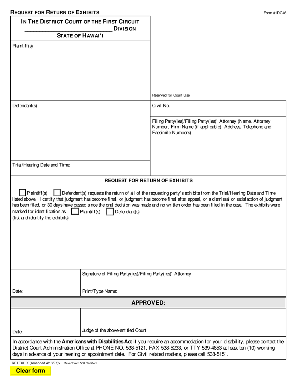 Form 1DC46 Request for Return of Exhibits - Hawaii, Page 1
