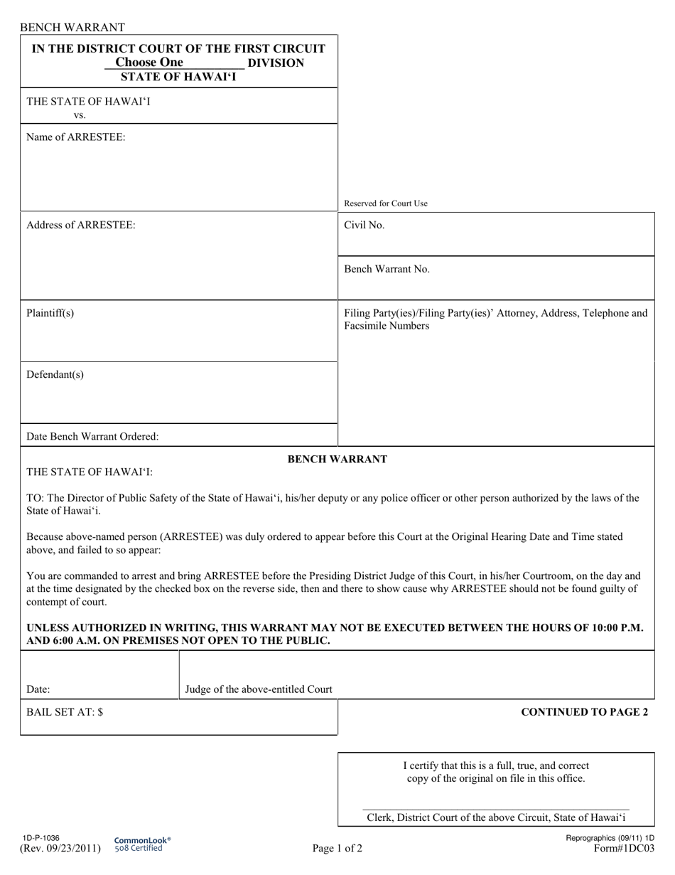 Form 1DC03 Bench Warrant - Hawaii, Page 1