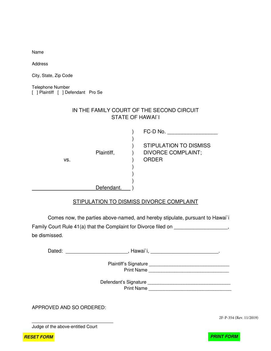 Form 2F-P-354 Stipulation to Dismiss Divorce Complaint - Hawaii, Page 1