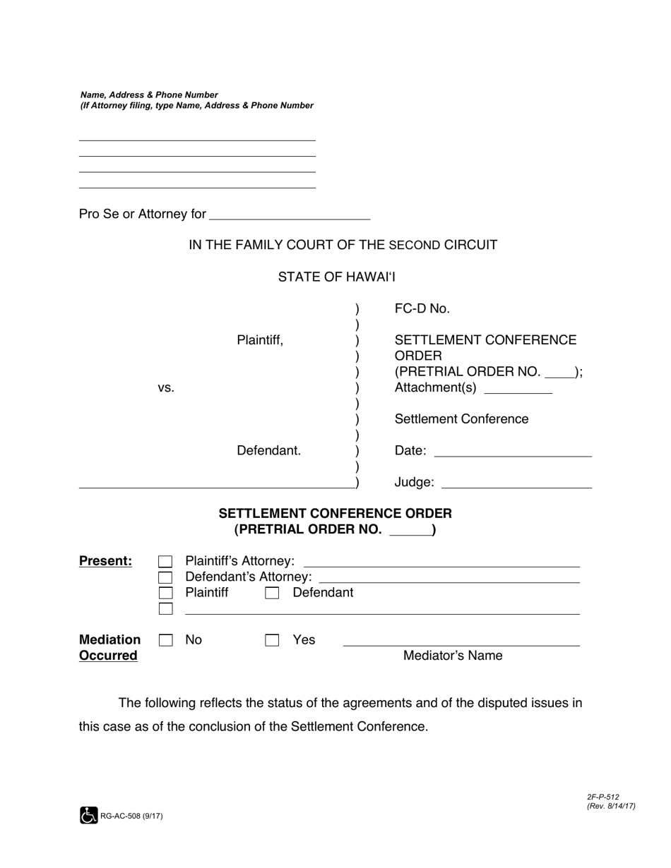 Form 2F-P-512 Settlement Conference Order - Hawaii, Page 1