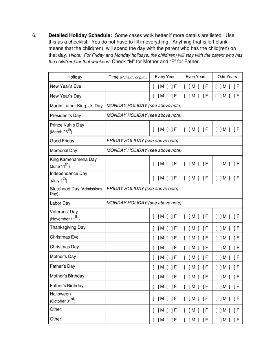 Form 2F-P-796 Proposed Parenting Plan - Hawaii, Page 5