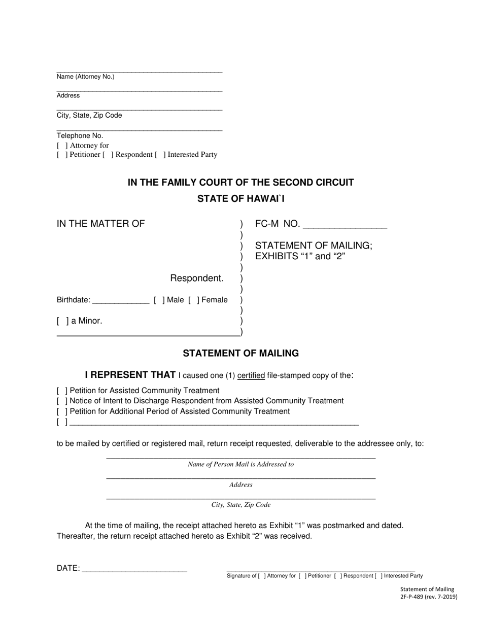 Form 2F-P-489 Statement of Mailing - Hawaii, Page 1