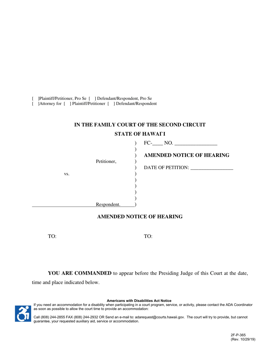 Form 2F-P-365 Amended Notice of Hearing - Hawaii, Page 1