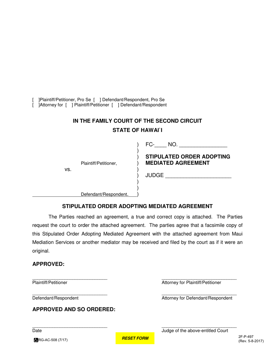 Form 2F-P-497 Stipulated Order Adopting Mediated Agreement - Hawaii, Page 1
