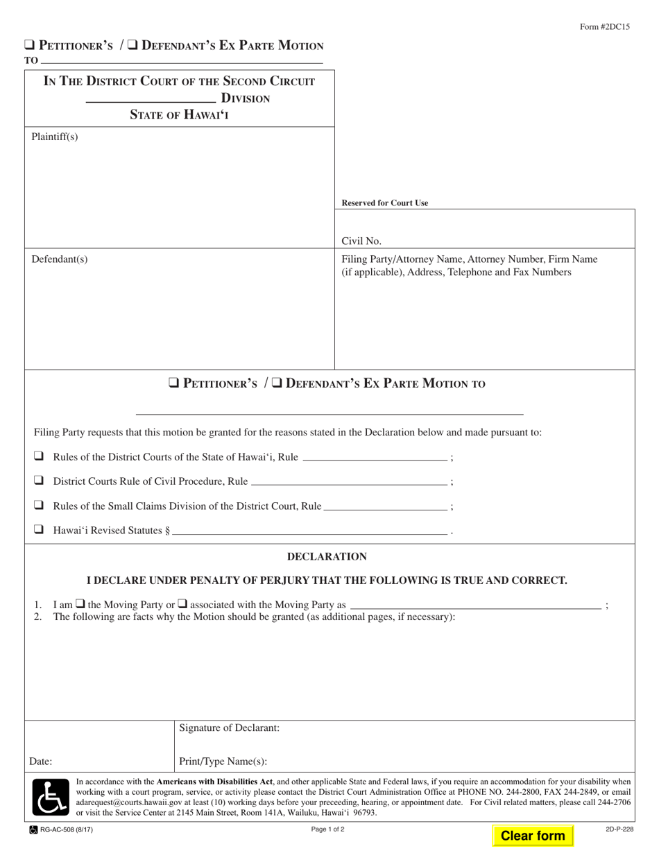 Form 2DC15 Plaintiffs / Defendants Ex Parte Motion - Hawaii, Page 1
