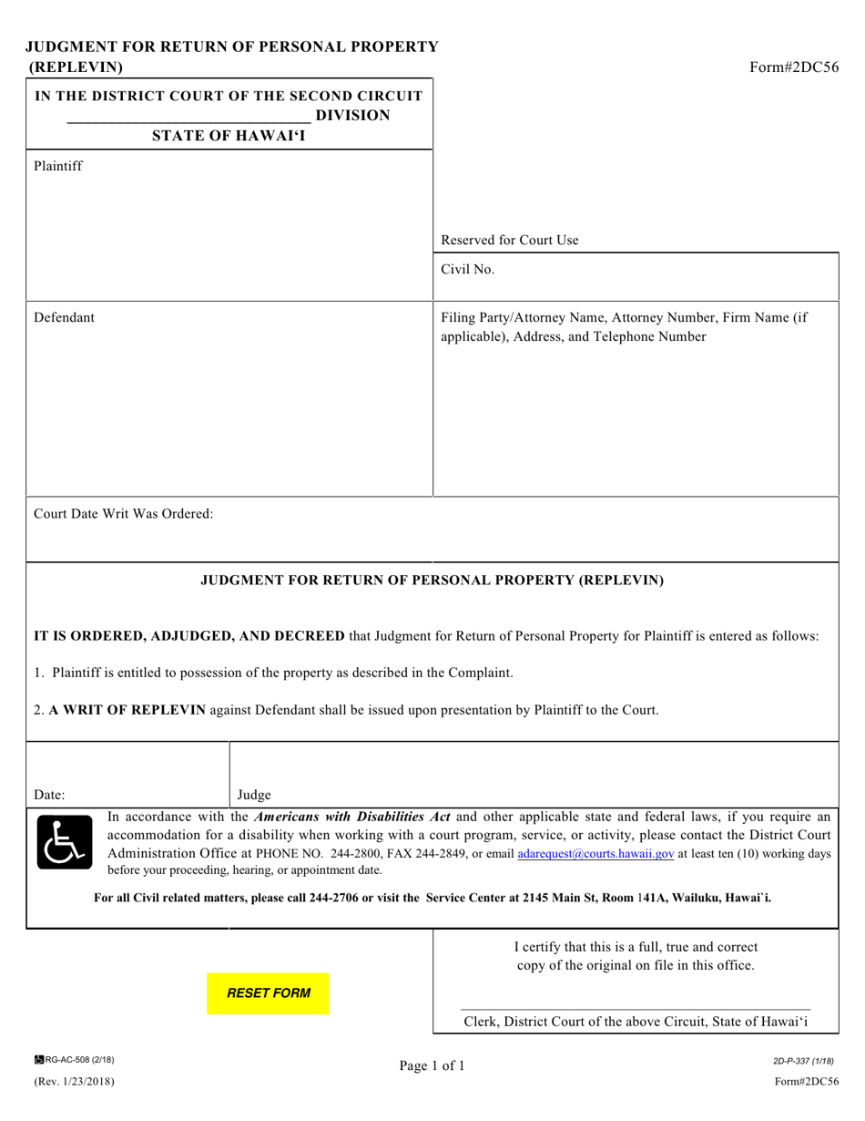 Form 2DC56 Judgment for Return of Personal Property (Replevin) - Hawaii, Page 1