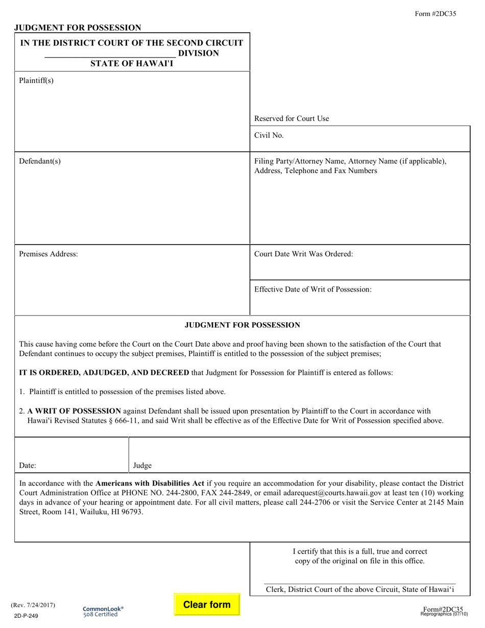 Form 2DC35 Judgment for Possession - Hawaii, Page 1