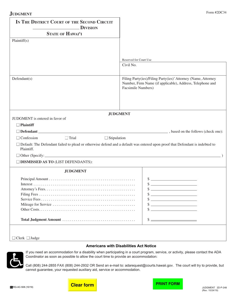 Form 2DC34 - Fill Out, Sign Online and Download Fillable PDF, Hawaii ...