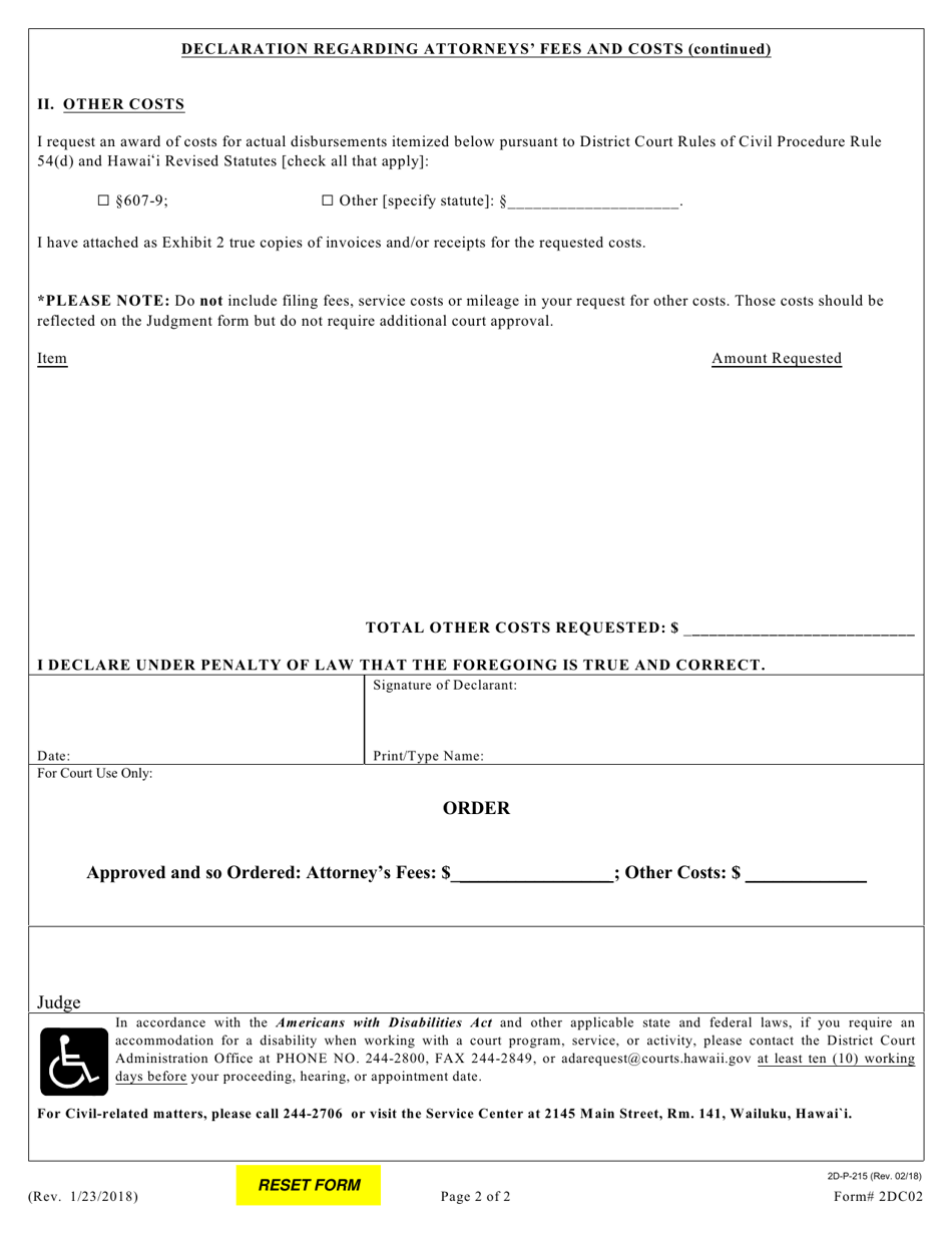 Form 2DC02 Declaration Regarding Attorneys Fees and Costs; Exhibits - Hawaii, Page 3
