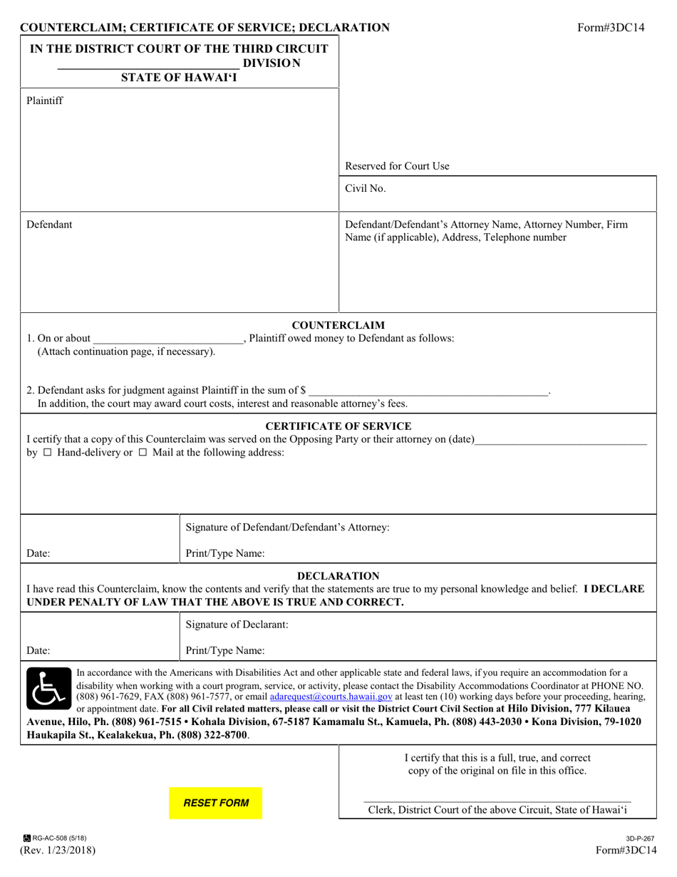Form 3DC14 Counterclaim; Certificate of Service; Declaration - Hawaii, Page 1