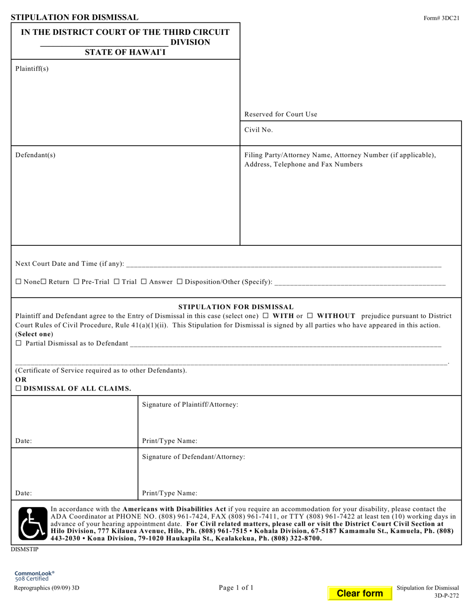 Form 3DC21 Stipulation for Dismissal - Hawaii, Page 1