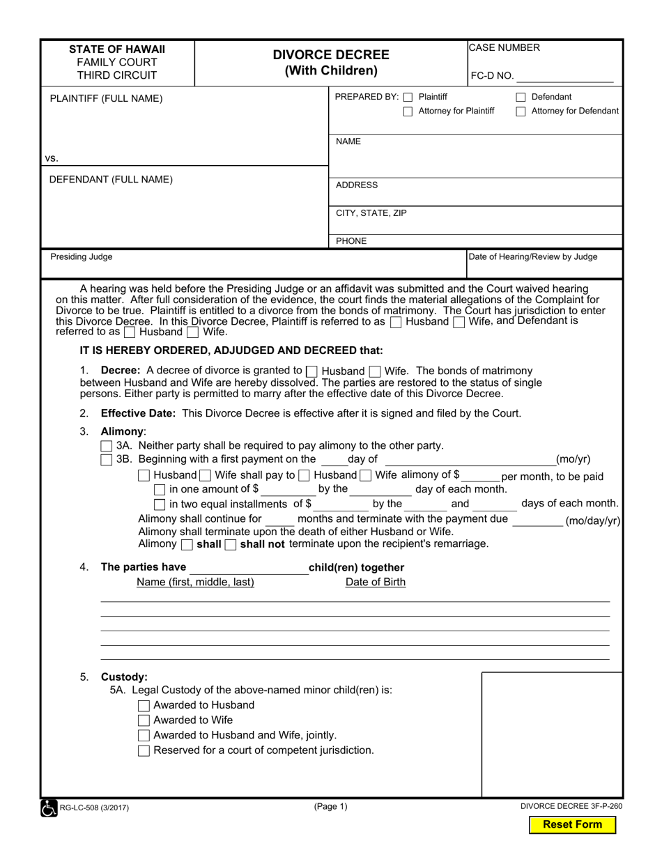 Form 3F-P-260 Divorce Decree (With Children) - Hawaii, Page 1