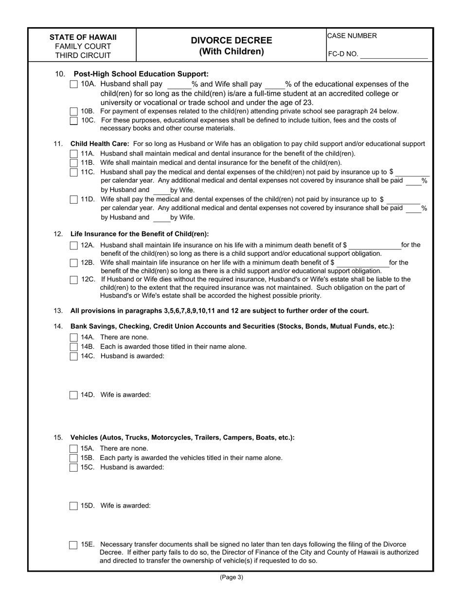 Form 3F-P-260 Divorce Decree (With Children) - Hawaii, Page 3