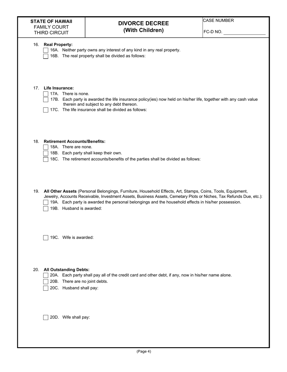 Form 3F-P-260 Divorce Decree (With Children) - Hawaii, Page 4