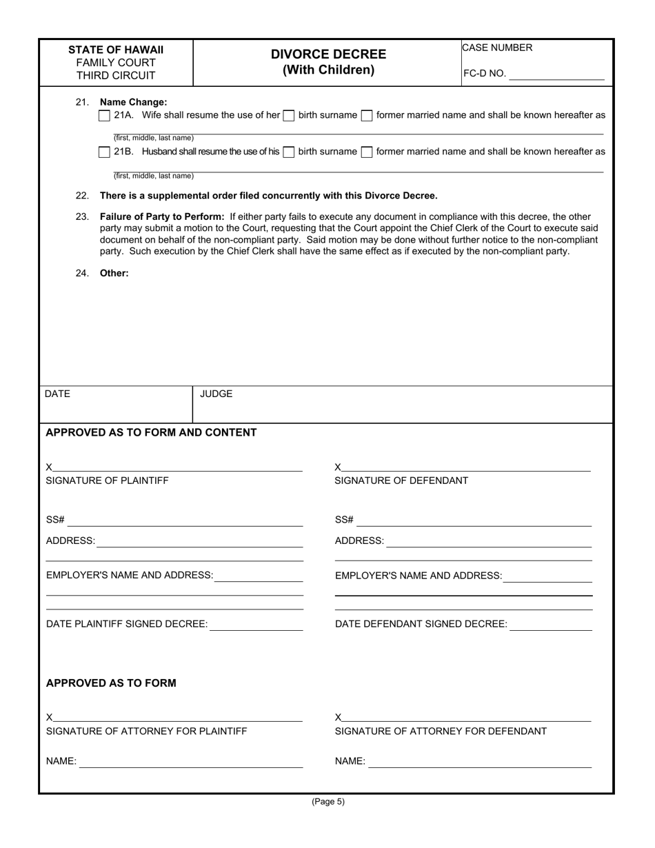 Form 3F-P-260 Divorce Decree (With Children) - Hawaii, Page 5