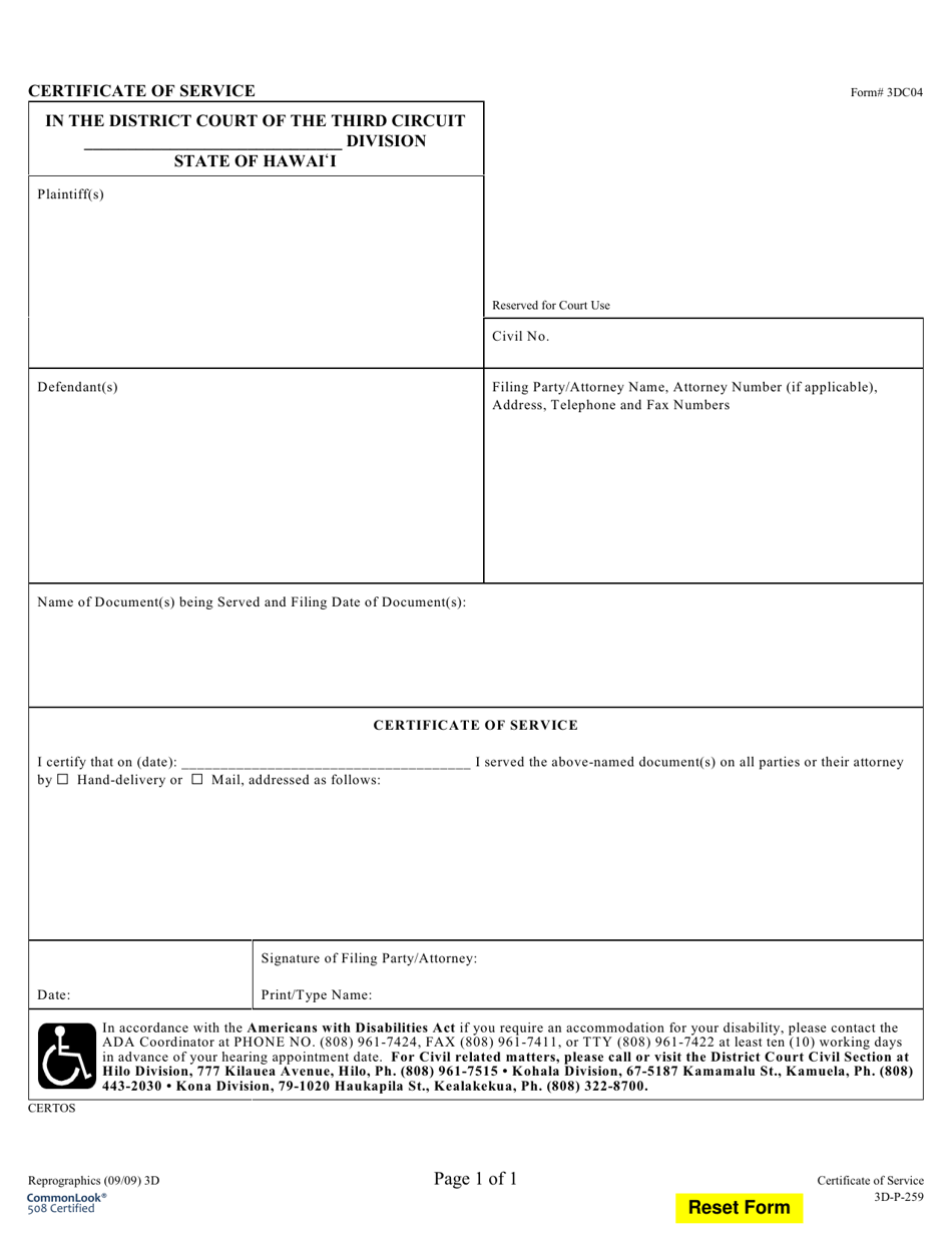 Form 3DC04 Certificate of Service - Hawaii, Page 1