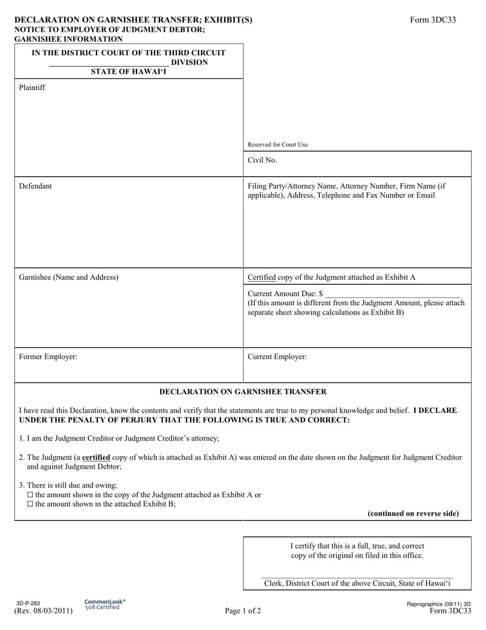 Form 3DC33 Affidavit of Garnishee Transfer; Exhibit(S) Notice to Employer of Judgment Debtor(S); Garnishee Information - Hawaii, Page 1