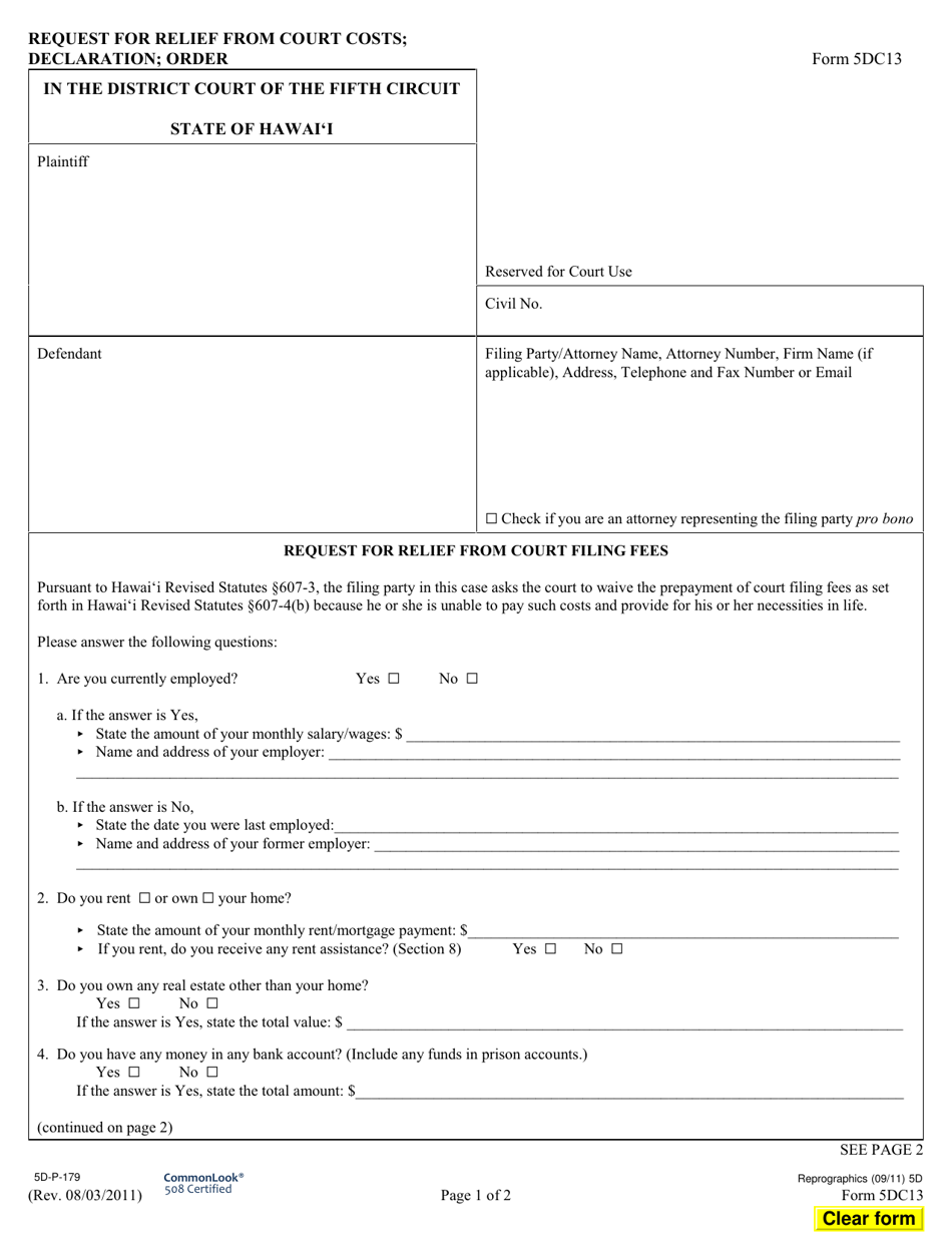 Form 5DC13 Request for Relief From Court Costs; Declaration; Order - Hawaii, Page 1
