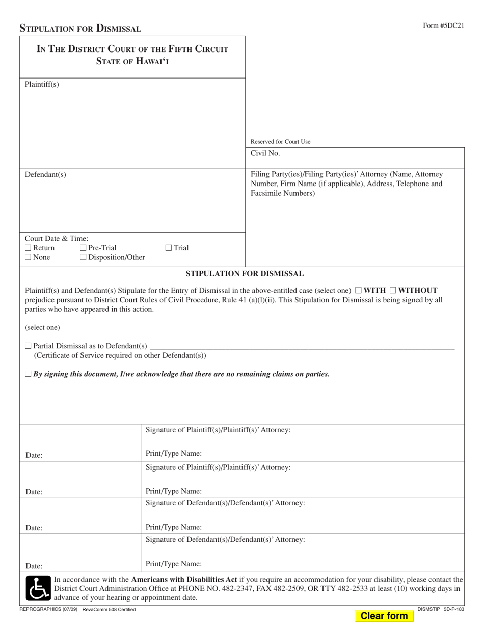 Form 5DC21 Stipulation for Dismissal - Hawaii, Page 1