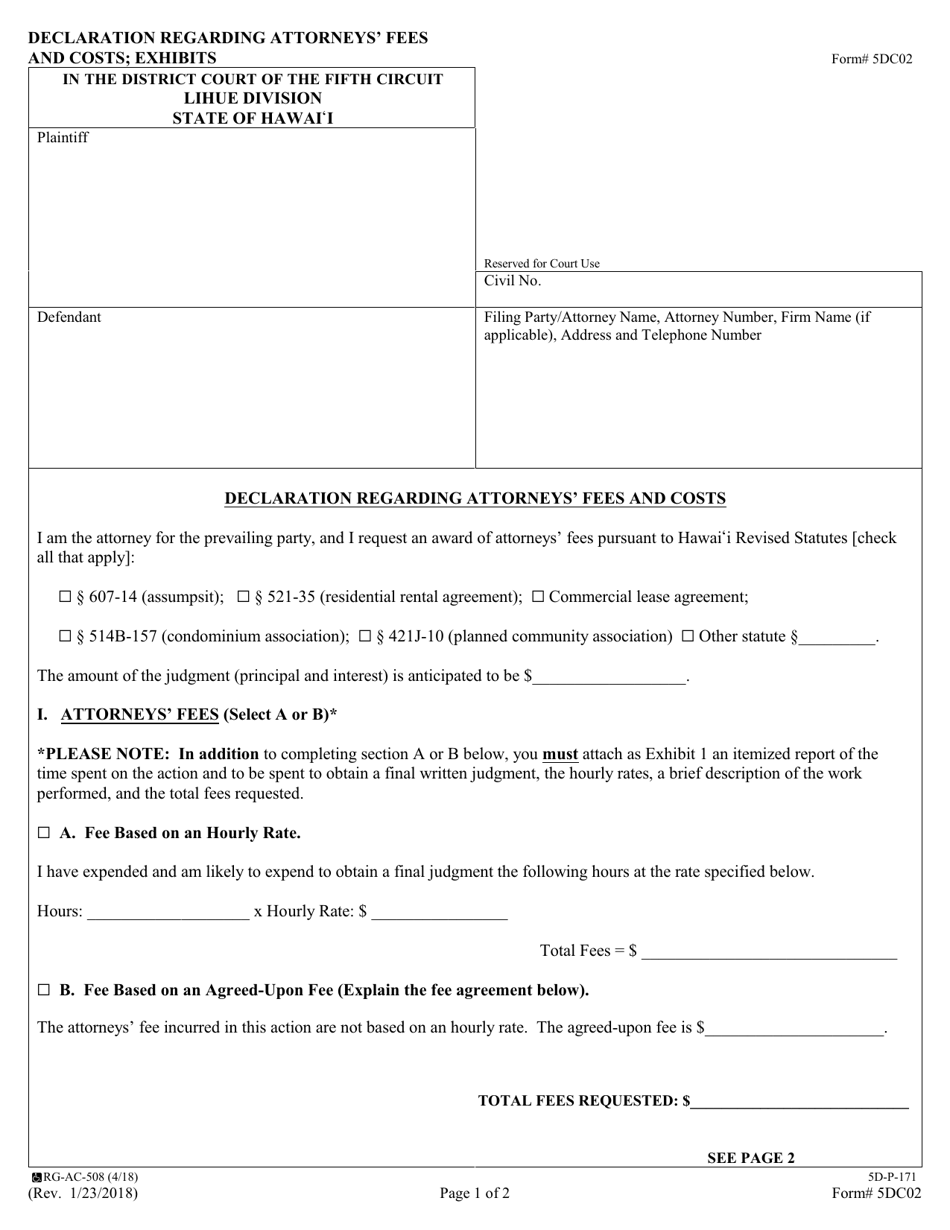 Form 5DC02 Declaration Regarding Attorneys Fees and Costs: Exhibits - Hawaii, Page 1