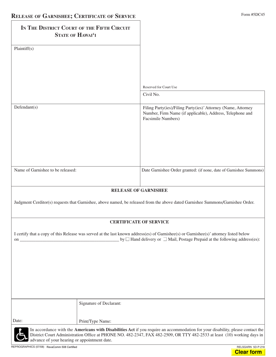 Form 5DC45 Release of Garnishee; Certificate of Service - Hawaii, Page 1
