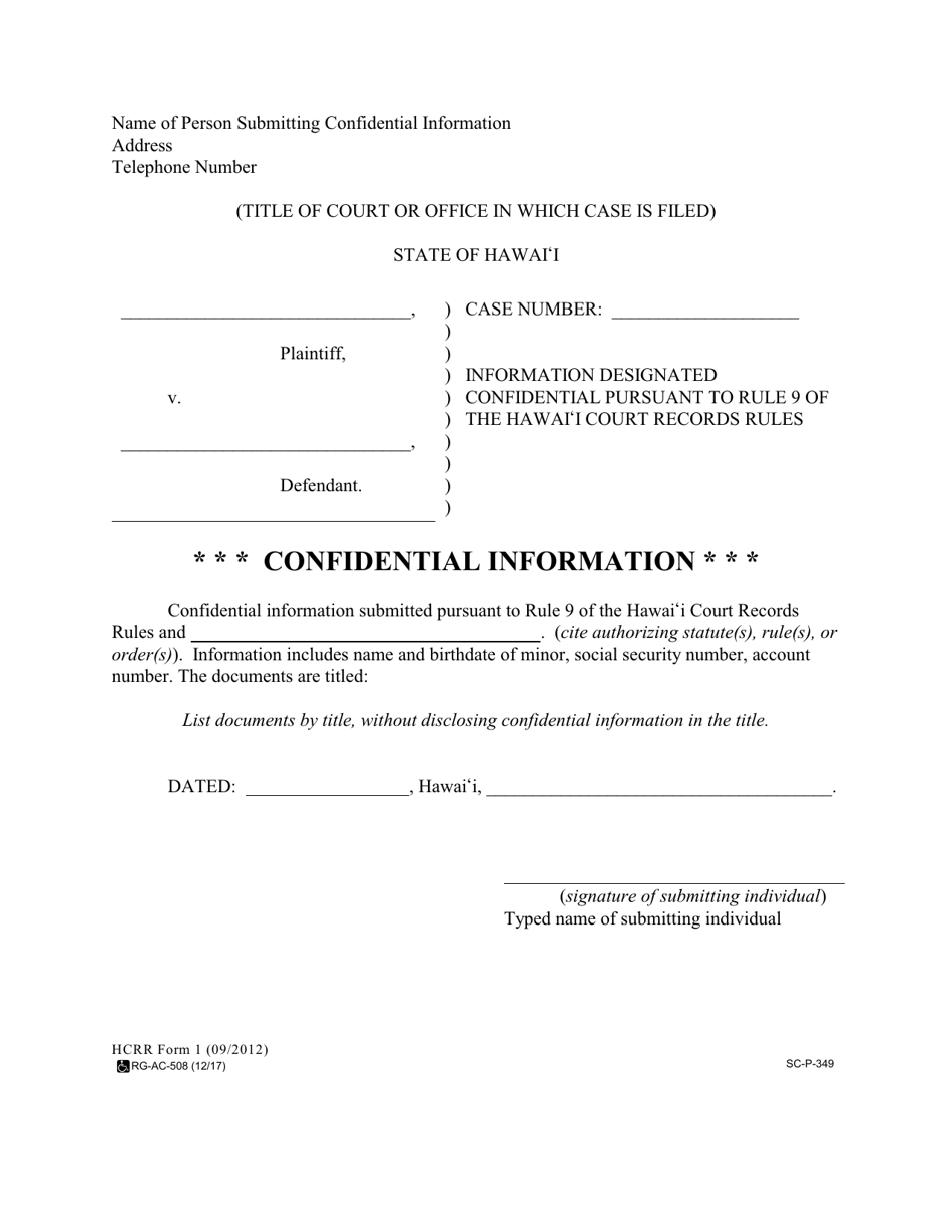 HCRR Form 1 (SC-P-349) Fly Sheet for Document(S) Containing Confidential Information - Hawaii, Page 1