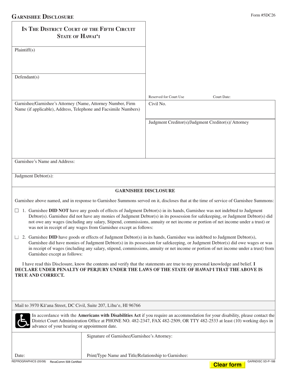 Form 5DC26 Garnishee Disclosure - Hawaii, Page 1
