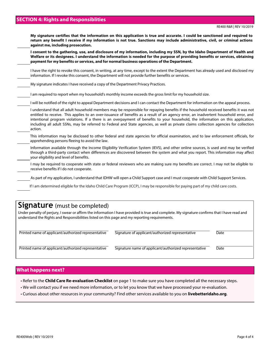 Form RE400WEB Idaho Child Care Re-evaluation Form - Idaho, Page 4
