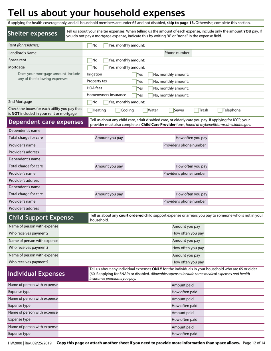 Form HW2000 Application for Assistance - Idaho, Page 14