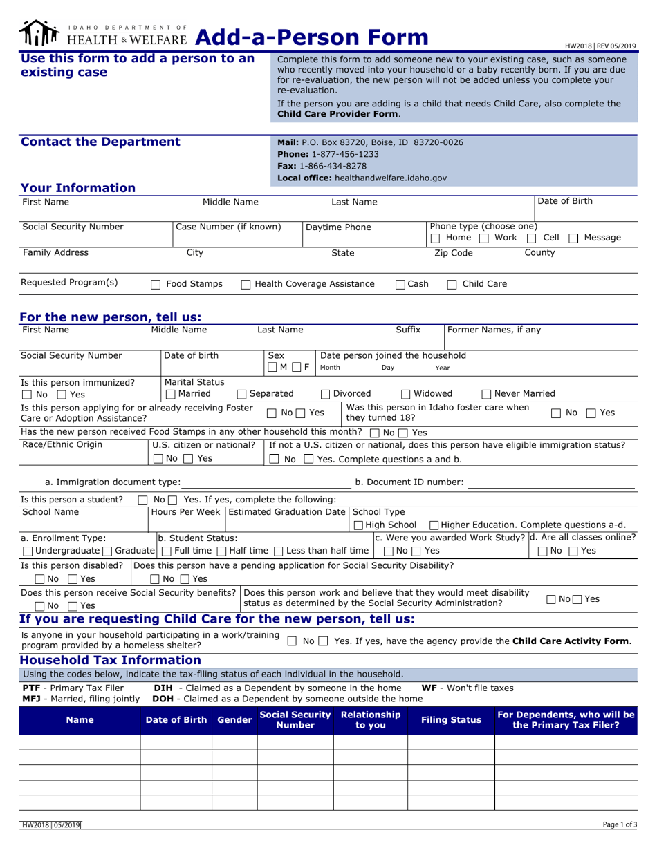Form HW2018 Add-A-person Form - Idaho, Page 1