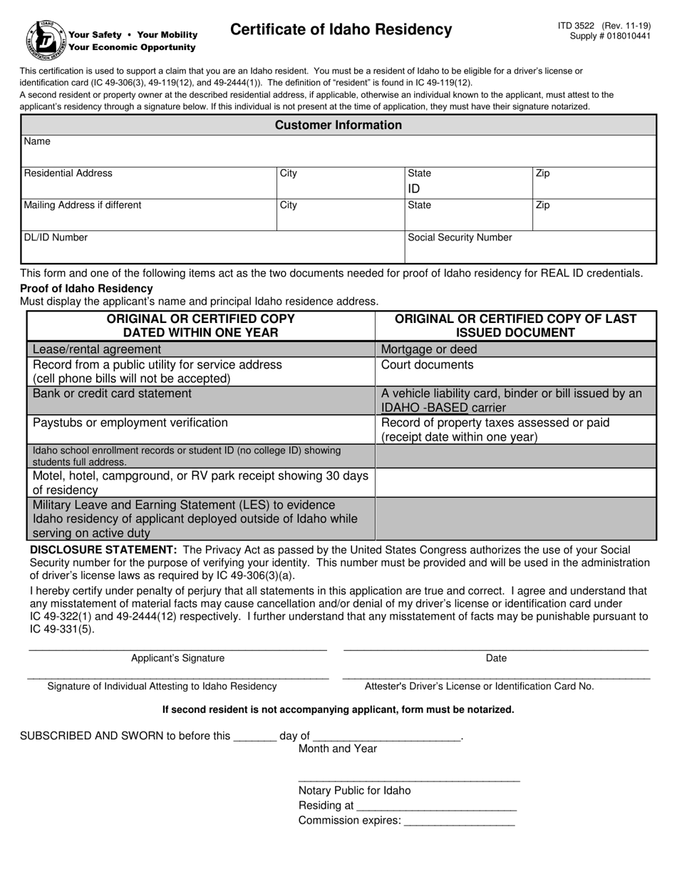 Form ITD3522 Certificate of Idaho Residency - Idaho, Page 1
