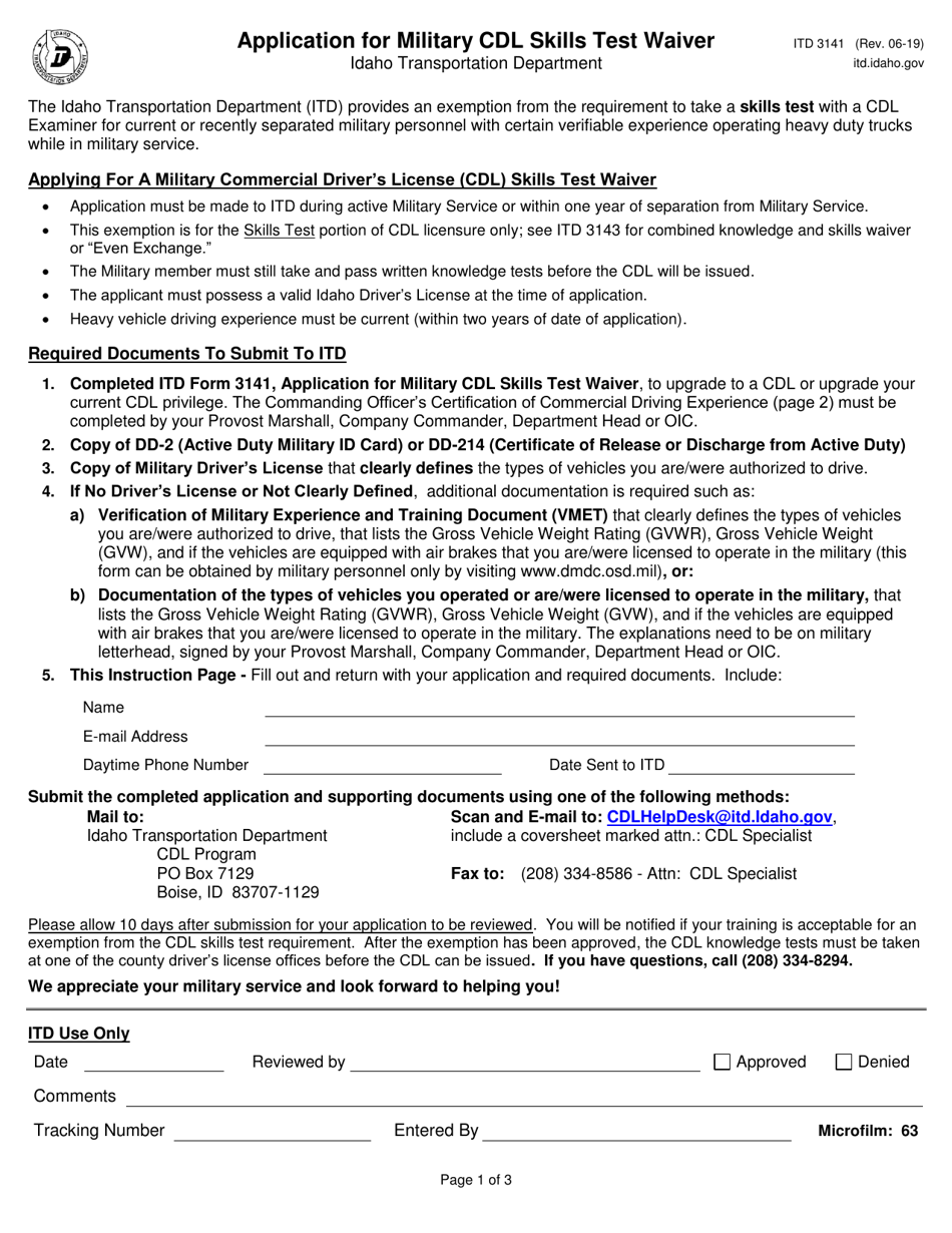 Form ITD3141 Application for Military Cdl Skills Test Waiver - Idaho, Page 1