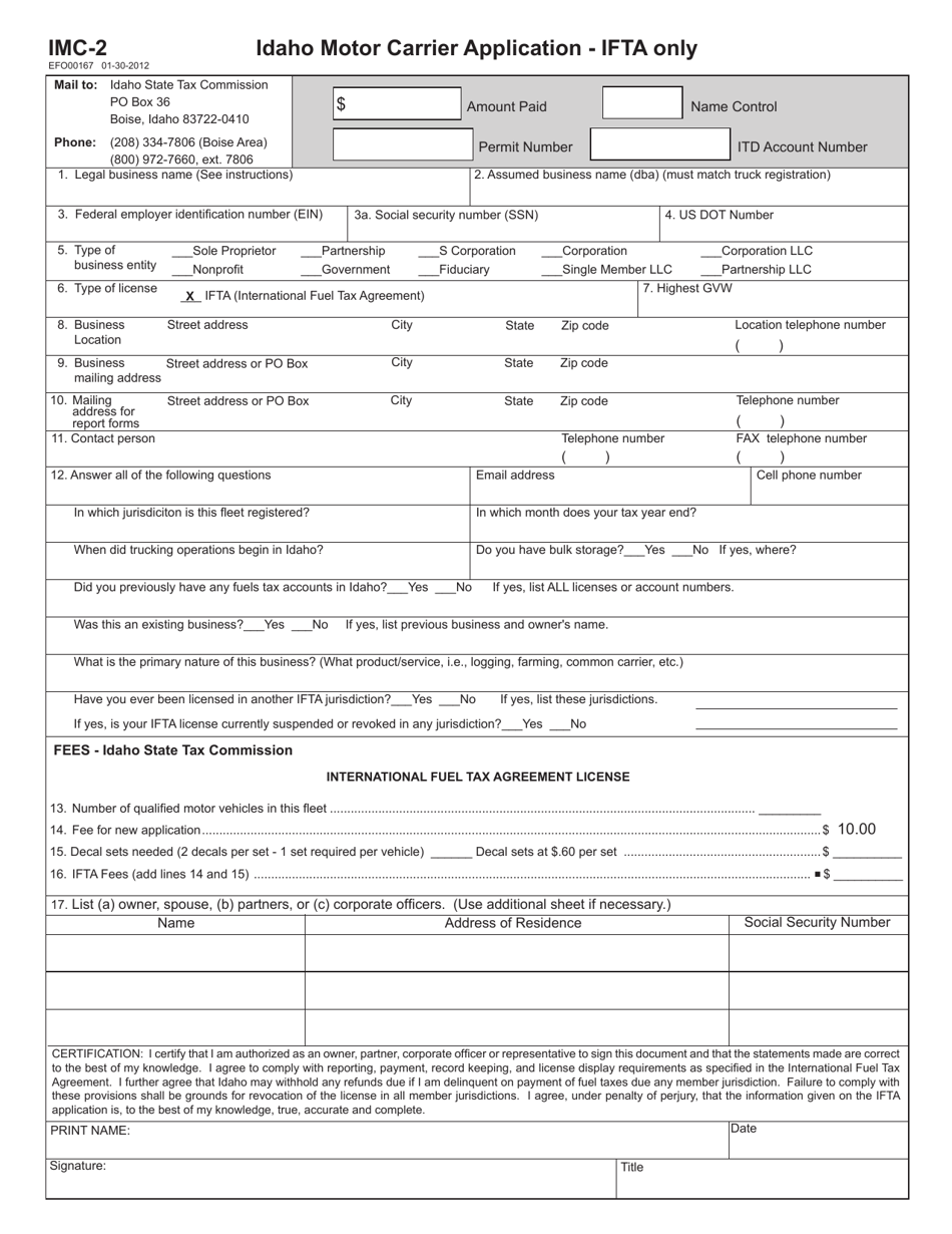 Form IMC-2 (EFO00167) Idaho Motor Carrier Application - Ifta Only - Idaho, Page 1