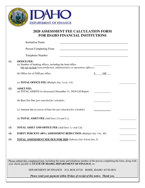 Assessment Fee Calculation Form for Idaho Financial Institutions - Idaho Download Pdf