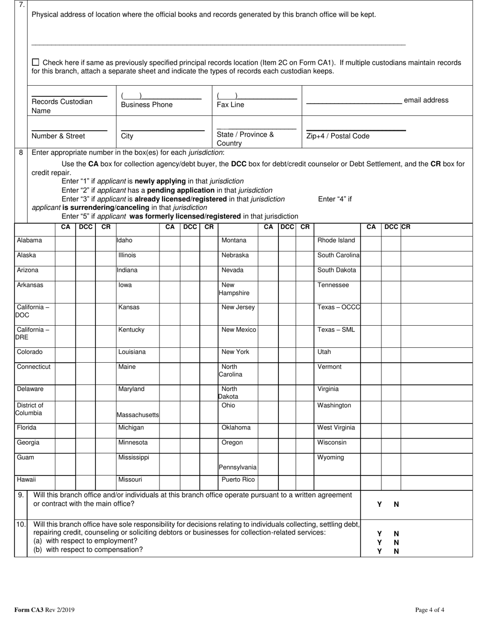 Form CA3 Branch Office Registration Form for Collection Agencies, Debt / Credit Counselors, Debt Settlement Companies, Debt Buyers, and Credit Repair Organizations - Idaho, Page 4