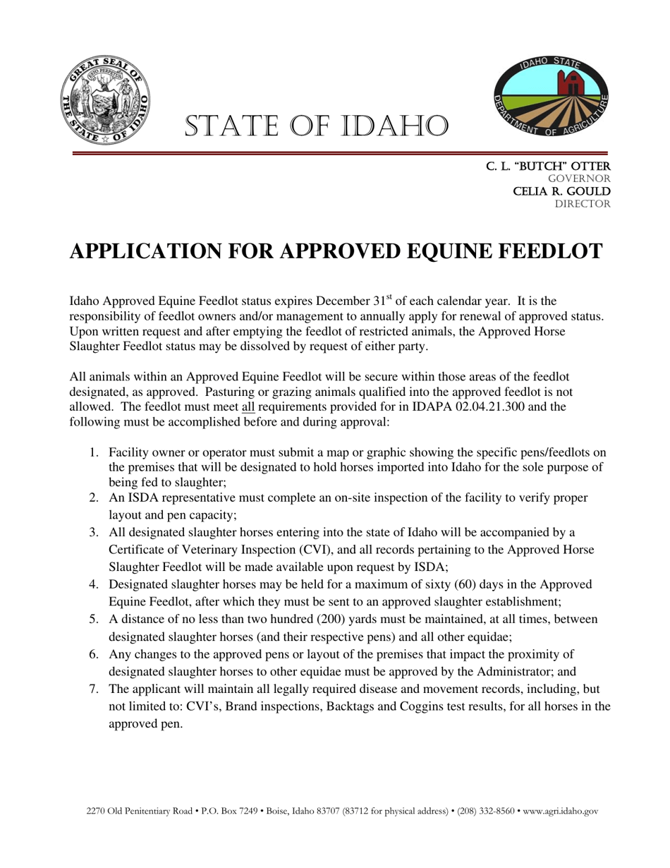 Application for Approved Equine Feedlot - Idaho, Page 1