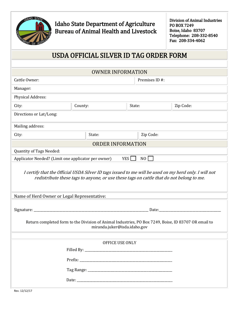 Usda Official Silver Id Tag Order Form - Idaho, Page 1