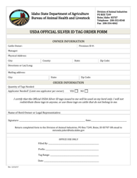 &quot;Usda Official Silver Id Tag Order Form&quot; - Idaho