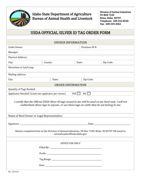Usda Official Silver Id Tag Order Form - Idaho