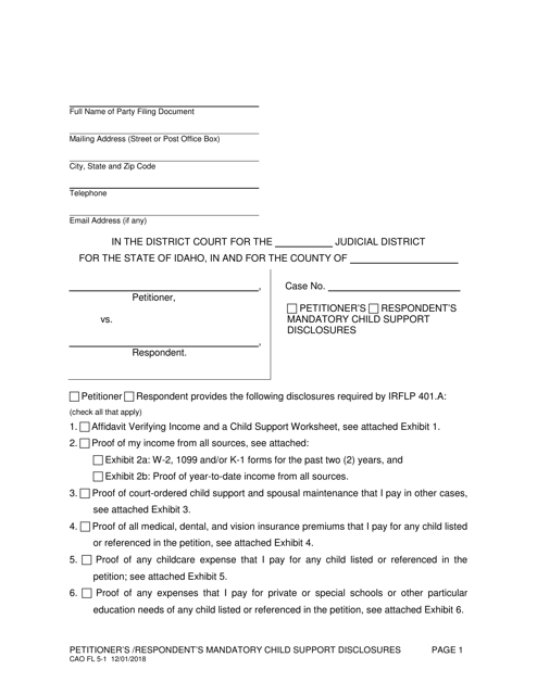 Form CAO FL5-1 Petitioner's/Respondent's Mandatory Child Support Disclosures - Idaho