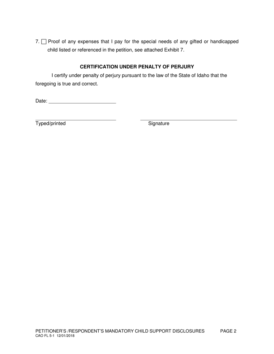 Form CAO FL5-1 Petitioners / Respondents Mandatory Child Support Disclosures - Idaho, Page 2