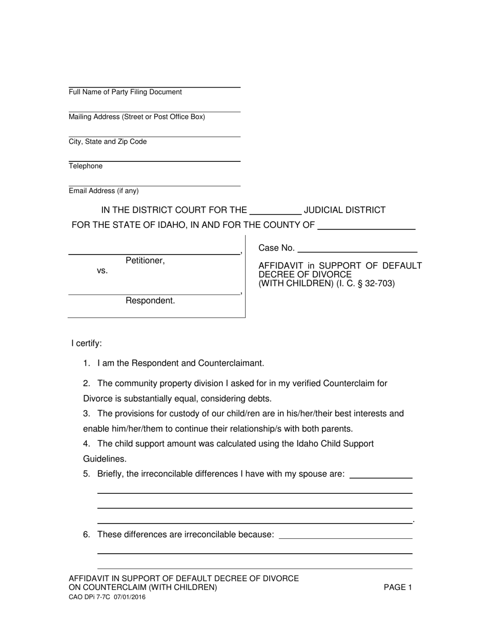 Form CAO DPi7-7C Affidavit in Support of Default Decree of Divorce (With Children) - Idaho, Page 1