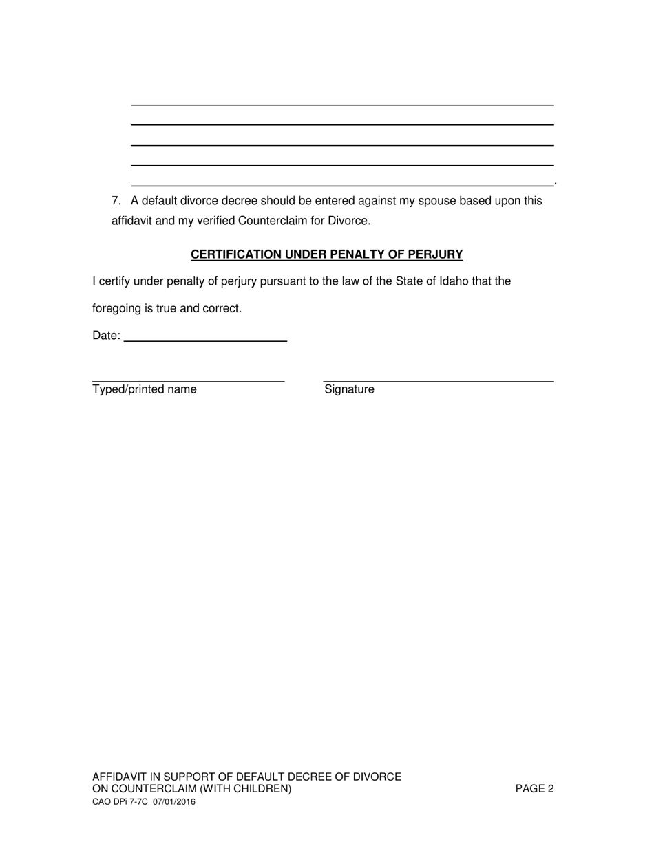 Form CAO DPi7-7C Affidavit in Support of Default Decree of Divorce (With Children) - Idaho, Page 2