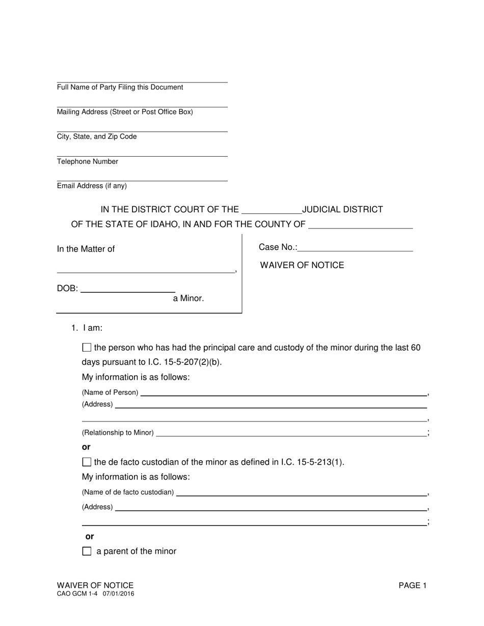 Form CAO GCM1-4 Waiver of Notice - Idaho, Page 1