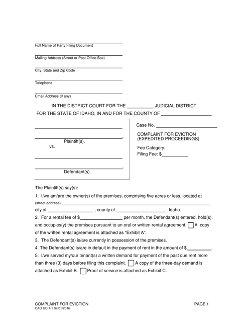 Form CAO UD1-1 Complaint for Eviction (Expedited Proceedings) - Idaho