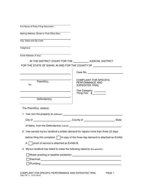 Form CAO TR1-1 Complaint for Specific Performance and Expedited Trial - Idaho